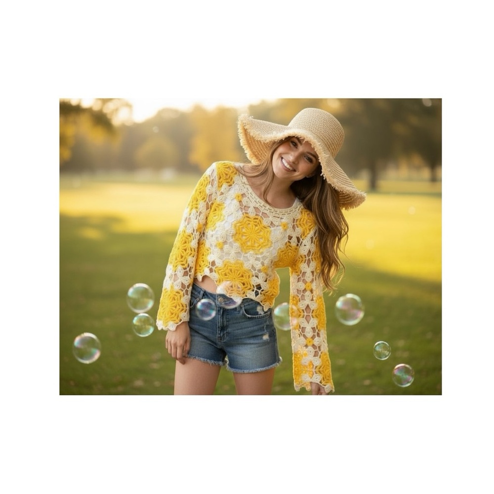 AVAILABLE Cream and yellow crochet top O/S - Picture 2 of 8